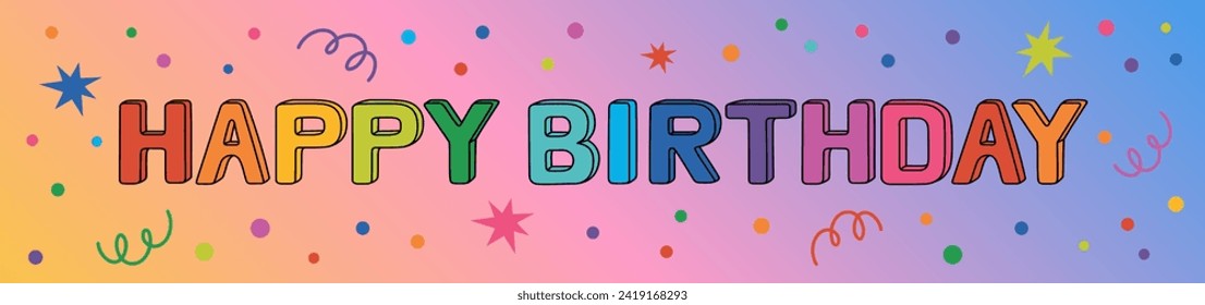 Happy Birthday Greeting card with rainbow colored inscription. Hand drawn vector illustration isolated on gradient background, modern flat cartoon style.