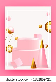Happy Birthday greeting card. Realistic decorative design elements. Postcard with realistic tulips birthday illustration. Present happy celebrate gift. Vector 3d object ballon with ribbon, pink color.