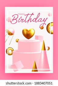 Happy Birthday greeting card. Realistic decorative design elements. Postcard with realistic tulips birthday illustration. Present happy celebrate gift. Vector 3d object ballon with ribbon, pink color.