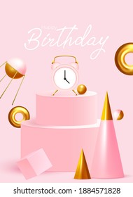 Happy Birthday greeting card. Realistic decorative design elements. Postcard with realistic tulips birthday illustration. Present happy celebrate gift. Vector 3d object ballon with ribbon, pink color.