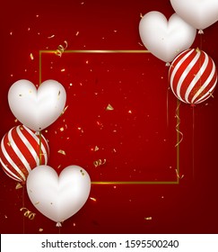 Happy birthday greeting card. Red background for Valentines Day, Women's Day or Mothers Day.Template for sales, invitations, promotionals with air balloons, confetti, lights.