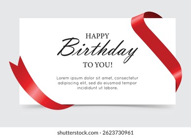 Happy Birthday greeting card with red ribbon and clean white background.