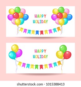 Happy birthday. Greeting card. Set of banners. Colorful balloons and garlands of flags. Vector illustration.