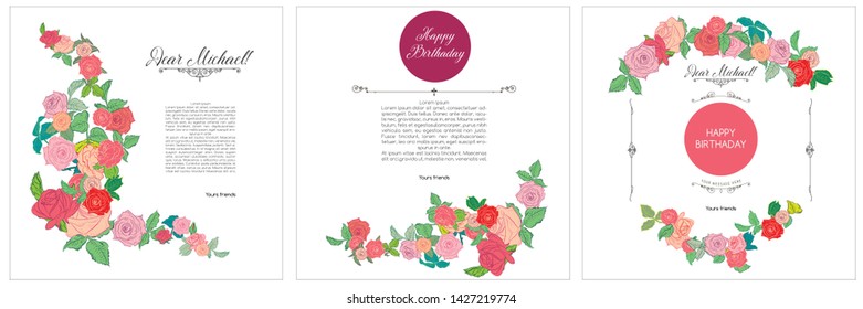 Happy birthday greeting card. A set of elegant invitation to the holidays. Colorful design with flowers.