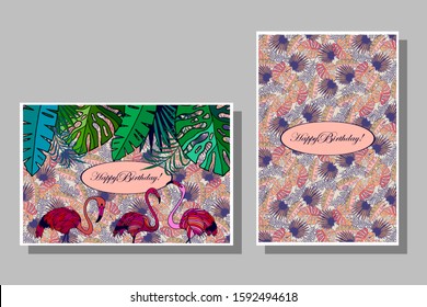 Happy birthday greeting card set. Tropical leaves, flamingo, pattern. Vector illustration eps10