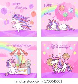 Happy birthday greeting card set, kawaii unicorn with sweet desserts, cartoon style illustration