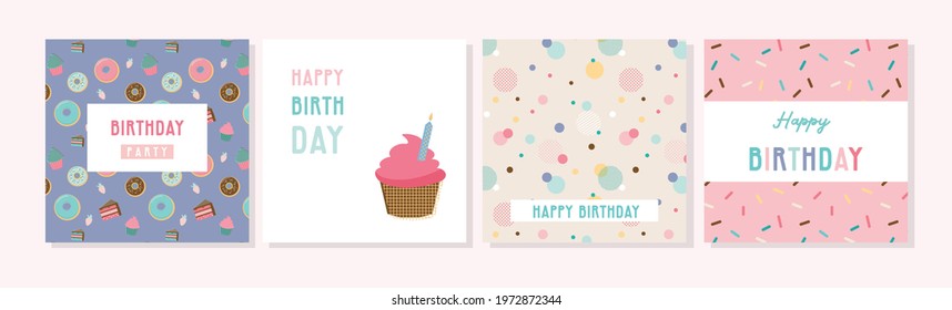 Happy birthday greeting card set and party invitation templates, with ice cream, donut and muffin patterns. birthday sweets and treats.