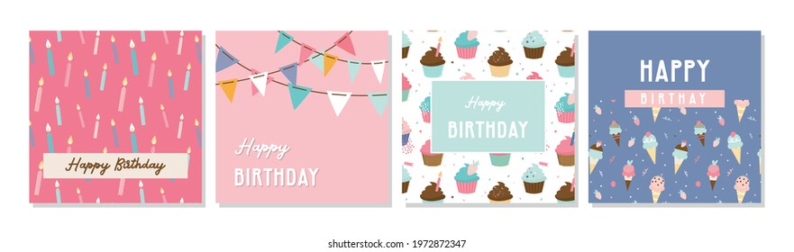 Happy birthday greeting card set and party invitation templates, with ice cream, donut and muffin patterns. birthday sweets and treats. vector illustration