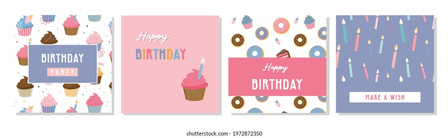 Happy birthday greeting card set and party invitation templates, with ice cream, donut and muffin patterns. birthday sweets and treats. vector illustration