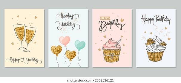 Happy birthday. Greeting card set with cupcakes, champagne, balloons and calligraphy. Cute greeting templates in a simple style. Vector