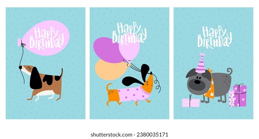 Happy birthday greeting card set with cute dogs. Pug, basset hound and dachshund with balloons and gifts on blue background. Vector illustration.