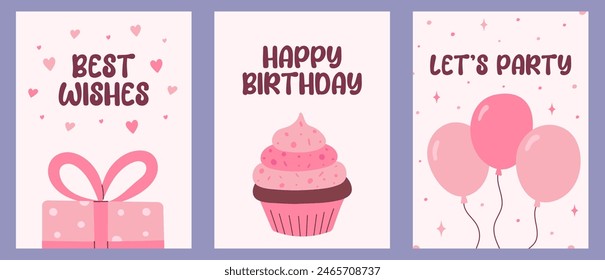 happy birthday greeting card set in pink colour, party invitation, celebration templates, postcards, cupcake, muffin, balloons, present with ribbon, hearts, stars, vector illustration