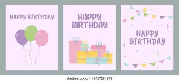 happy birthday greeting card set, celebration templates, postcards, party invitation, balloons, present with ribbon, gift, confetti, vector illustration