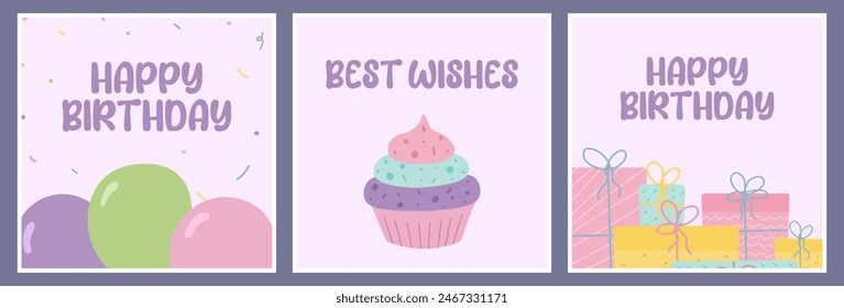 happy birthday greeting card set, celebration templates, postcards, party invitation, balloons, present with ribbon, gift, confetti, cupcake, muffin, birthday cake, vector illustration