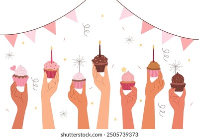 Tarjeta de felicitación de feliz cumpleaños con cupcake. Celebración de cumpleaños. Las manos de los personajes sostienen cupcakes, feliz cumpleaños con velas, bengalas. Linda Ilustración vectorial en un estilo simple