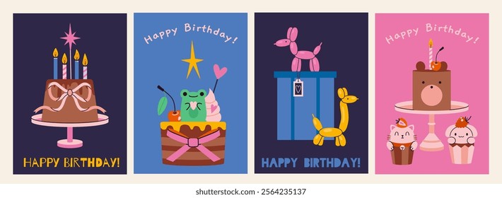 Happy birthday Greeting card set. Cute Celebration cakes with candles, kawaii cupcakes, gift and Inflatable animal figurines, balloons. Trendy modern vector illustration, hand drawn, flat design