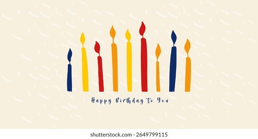 Cartão feliz aniversário, conjunto de velas de aniversário iluminadas multicoloridas em um fundo claro