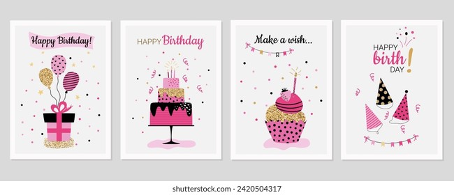 Happy birthday greeting card set.Collection of holiday cards in simple flat cartoon style. Pink, gold, black, beige color.