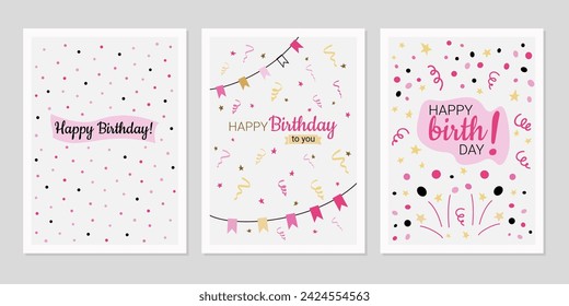 Happy birthday greeting card set.Collection of holiday cards in simple flat cartoon style. Pink, gold, black, beige color.