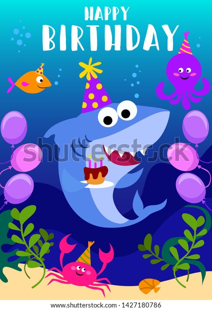 サメ タコ 魚 漫画の海のエレメントを持つ誕生日記念カード 赤ちゃんの誕生日記念カードテンプレート サメのパーティーのベクターイラスト のベクター画像素材 ロイヤリティフリー