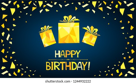 Happy Birthday! Greeting card.  Shiny color gold gift box design element with glitter effect on dark background. Gold and  blue colors place for your text. Horizontal banner. Vector Illustration