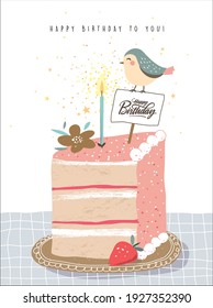 Happy Birthday greeting card with a slice of cake and bird