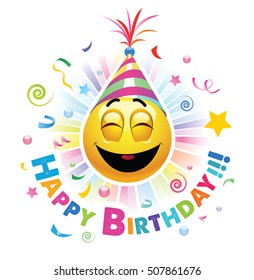 Happy birthday greeting card. Smiley celebrating. Smiley being cheerful and having fun at the party. High quality vector illustration.
