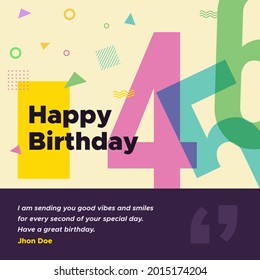 Happy birthday greeting card and social media post banner template with colourful geometric Memphis style