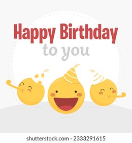 Happy birthday greeting card social media template vector editable, with text and cute partying emoticons.
Yellow face emoji celebrating with a smile, party horn and birthday hat. Best wishes to you
