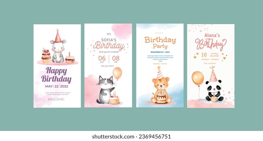 Happy birthday greeting card for social media with cute hand drawn cute animals, balloons and cake.