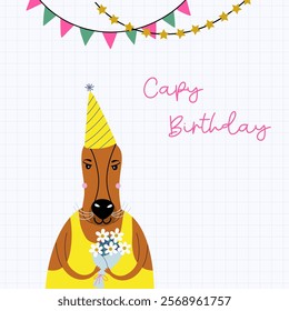 Happy Birthday greeting card, social media banner. Funny congratulating print with capybara character. Cute holiday animal. Hand drawn flat design vector illustration.
