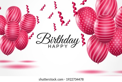 Happy birthday greeting card. Striped pink air balloons and falling confetti on white background. Holiday congratulation vector illustration. Art realism, romantic banner with realistic 3d elements.