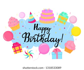 Happy Birthday. Greeting card with sweets and gifts