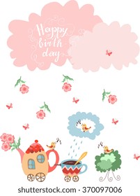 Happy birthday greeting card. Teapot with flowers and cup train. Beautiful clouds and rain from flowers and butterflies. Vector illustration.