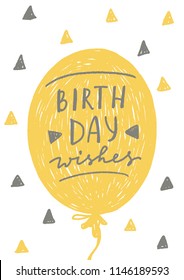 Happy birthday greeting card template, vector illustration with lettering, hand drawn naive childlike style.