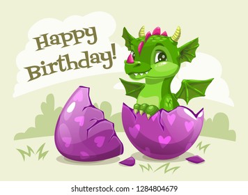 Happy Birthday greeting card template. Little cute cartoon green dragon hatched from the egg. Vector illustration.