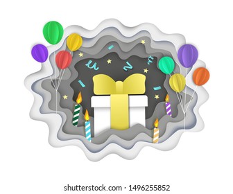 Happy birthday greeting card template, vector illustration in paper art style. Paper cut gift box, candles and balloons.