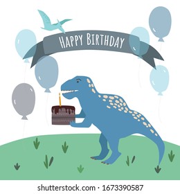 Happy birthday greeting card template for boy. Dinosaur and  cake. Balloons background. Vector flat style illustration.