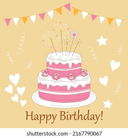 Happy Birthday greeting card template. Birthday party banner with cake, vector illustration.