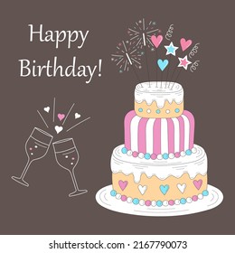 Happy Birthday greeting card template. Birthday party banner with cake, vector illustration.