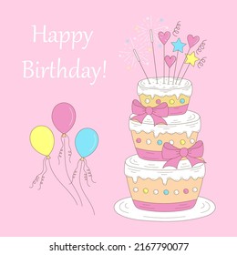 Happy Birthday greeting card template. Birthday party banner with cake, vector illustration.