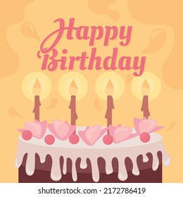 Happy birthday greeting card template. Birthday cake with candles. Editable social media post design. Flat vector color illustration for poster, web banner, ecard. Oleo Script Swash Caps font used