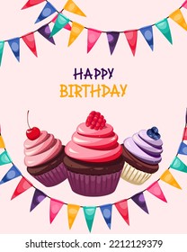 Happy birthday greeting card template with festive cupcakes and colorful flags.Vector illustration for congratulations.