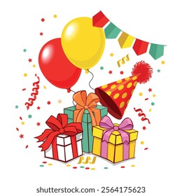Happy birthday greeting card template with balloons, decor, tinsel, streamers, party popper, birthday cap and gift boxes. Vector on transparent background
