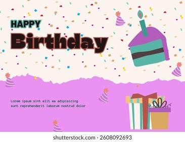 Happy Birthday greeting card template vector design illustration celebration. Pastel background with gift box and cake design for card, banner, poster and flyer.