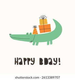Happy Birthday greeting card template. Hand drawn Birthday card with green alligator and presents.