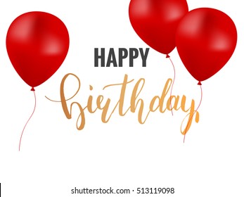 Happy Birthday greeting card template. Colorful red balloons and birthday lettering .