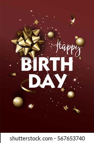 Happy Birthday greeting card template. Luxury flyer with golden bow. Vector Illustration.