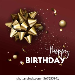 Happy Birthday greeting card template. Luxury flyer with golden bow. Vector Illustration.