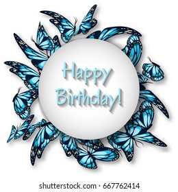 Happy Birthday greeting card template with round frame of blue butterfly and text. Vector illustration.